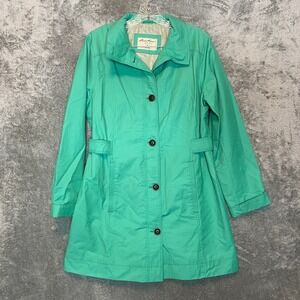 Eddie Bauer Women M Mint Green Cotton Blend Button Trench‎ Rain Jacket Mac Coat